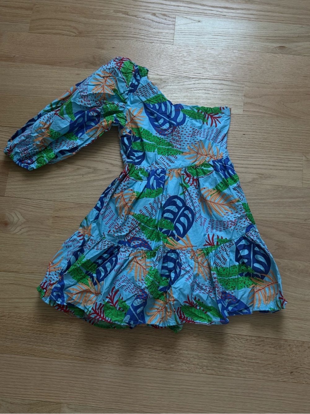 One-Shoulder Tropical Print Dress in Light Blue